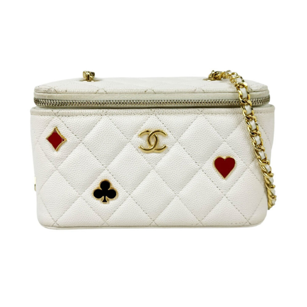 Chanel CHANEL Shoulder Bag Vanity Case Caviar Leather Metal Off-White Gold Wo...